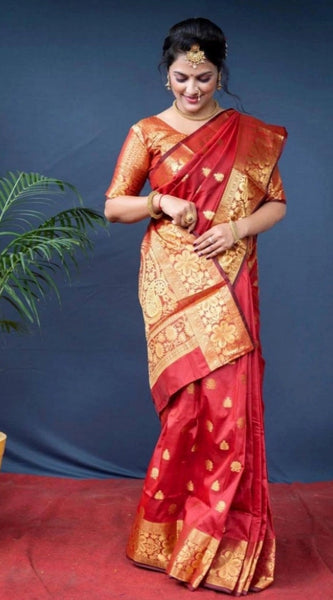 Mayawye Women's Soft Litchi Silk Jacquard Work Saree With Unstitched Blouse 5.5Mtr (Red)