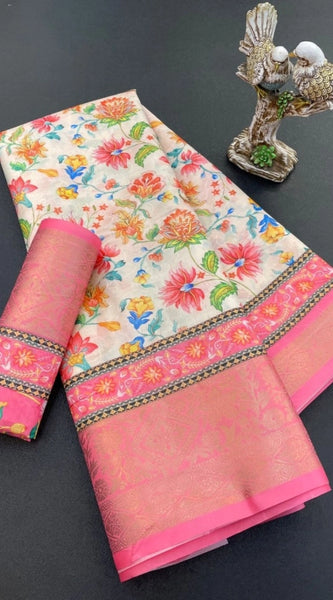 Mayawye Women's Soft Dola Cotton Printed Saree With Unstitched Blouse 5.5Mtr (Pink)