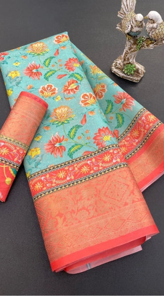 Mayawye Women's Soft Dola Cotton Printed Saree With Unstitched Blouse 5.5Mtr (Green)