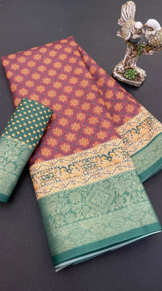 Mayawye Women's Soft Dola Cotton Printed Saree With Unstitched Blouse 5.5Mtr (Maroon)