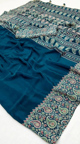 Mayawye Women's Gajji Soft Silk Printed Saree With Unstitched Blouse 5.5Mtr (Blue)