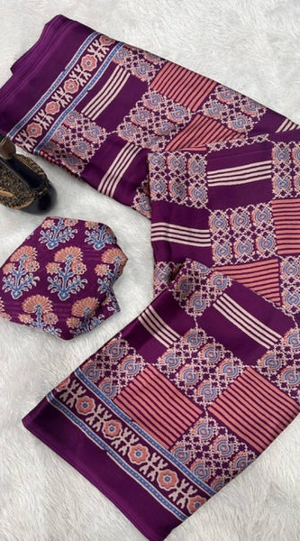 Mayawye Women's Gajji Soft Silk Printed Saree With Unstitched Blouse 5.5Mtr (Purple)