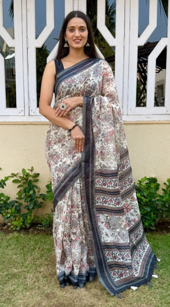 Mayawye Women's Cotton Hand Bandhani Printed Saree With Unstitched Blouse 5.5Mtr (Gray)