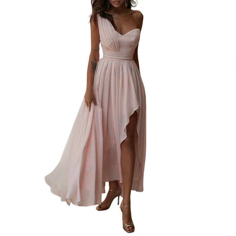 Chest Wrapped Sleeveless Evening Dress Elegant Waist Tight High-Waist Women Dress One Shoulder Irregular Flowy Hem Party Dress