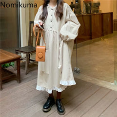 Autumn New Korean Style Dress Women Ruffles Patchwork O Neck Long Sleeve Dresses Slim Waist Elegant Vestidos Mujer