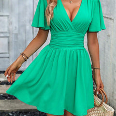 LUNE Plunging Neck Butterfly Sleeve Ruched Waist Dress