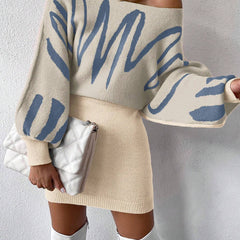 Chiquease Graphic Pattern Batwing Sleeve Sweater Dress Fall Winter Cloth for Women
