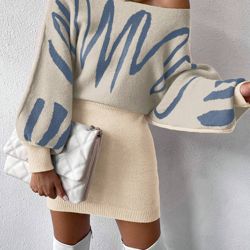 Chiquease Graphic Pattern Batwing Sleeve Sweater Dress Fall Winter Cloth for Women