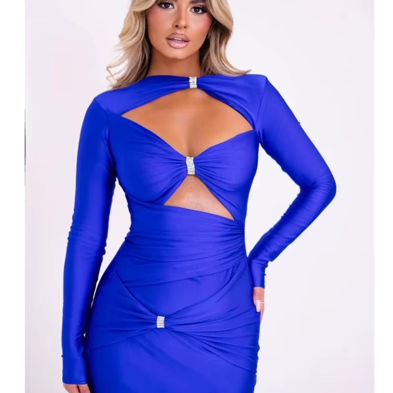 Sexy Hollow Out Long Sleeved Elastic Tight Dress Women Pleats Double Layered Female Vestidos Elegant Party Evening Dress