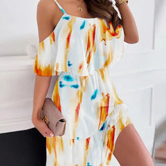 Flower Printed Ruffled Suspender Dress Summer Off-The-Shoulder Strap Dresses Women