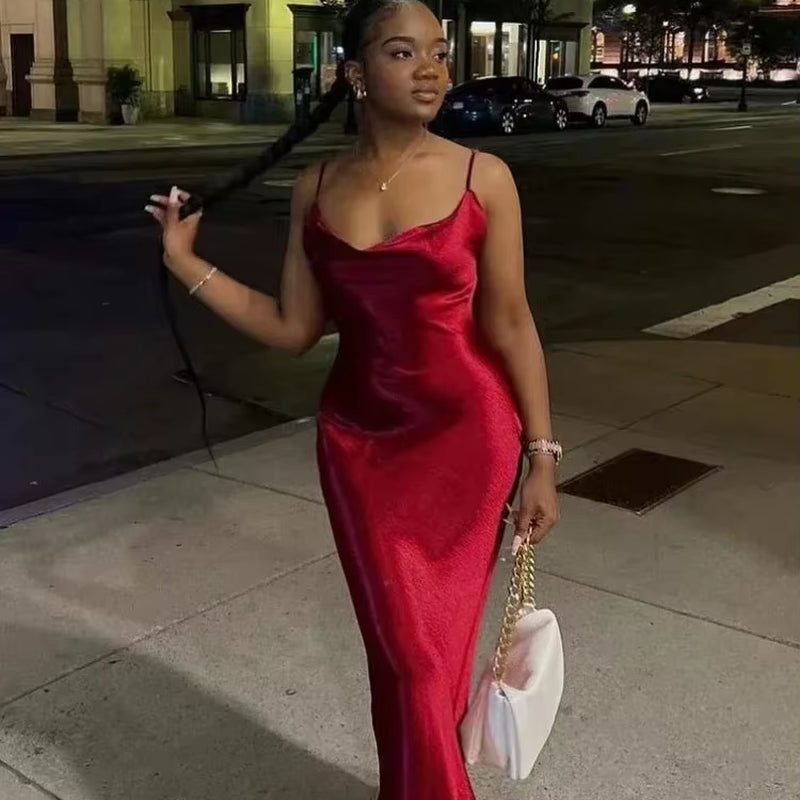Elegant Satin Backless Maxi Dress for Women Gown Summer Spaghetti Strap Sleeveless Party Long Dress Vestido Robe Femmes