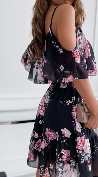Flower Printed Ruffled Suspender Dress Summer Off-The-Shoulder Strap Dresses Women