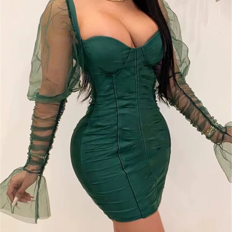 Sexy Mesh Puff Sleeve Party Dress Women Low Collar Backless Patchwork Red Mini Dress Nightclub 2020 Spring Vestidos