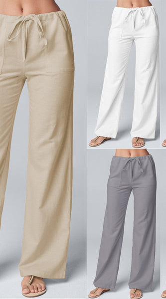 Women'S Fashion Solid Color Loose Lace-Up Cotton and Linen Straight-Leg Pants