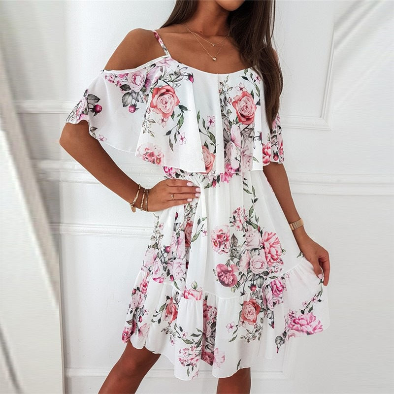 Flower Printed Ruffled Suspender Dress Summer Off-The-Shoulder Strap Dresses Women