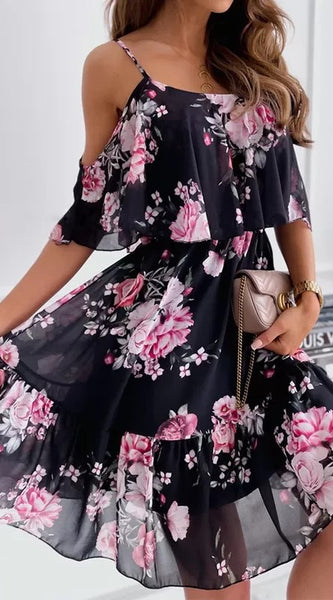 Flower Printed Ruffled Suspender Dress Summer Off-The-Shoulder Strap Dresses Women