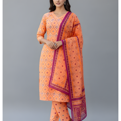 Mayawye Women's Cotton Blend Printed Kurti With Pant Dupatta Set (Coral)