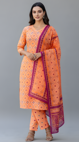 Mayawye Women's Cotton Blend Printed Kurti With Pant Dupatta Set (Coral)