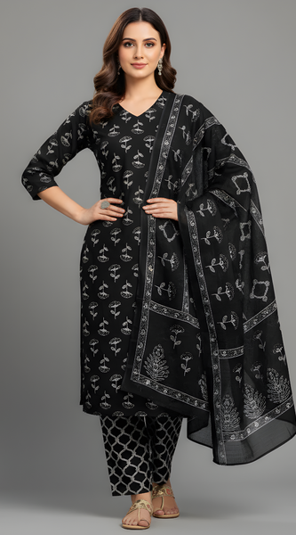 Mayawye Women's Cotton Blend Printed Kurti With Pant Dupatta Set (Black)