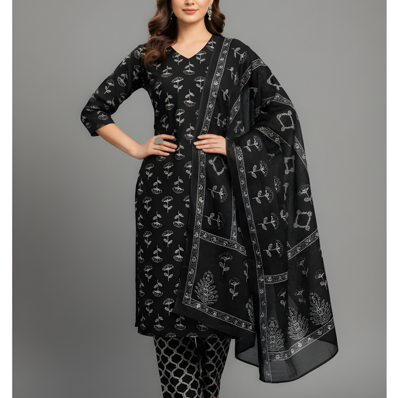 Mayawye Women's Cotton Blend Printed Kurti With Pant Dupatta Set (Black)