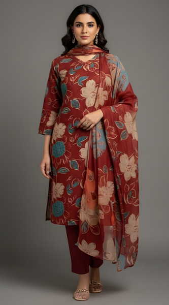 Mayawye Women's Cotton Blend Printed Kurti With Pant Dupatta Set (Rust)
