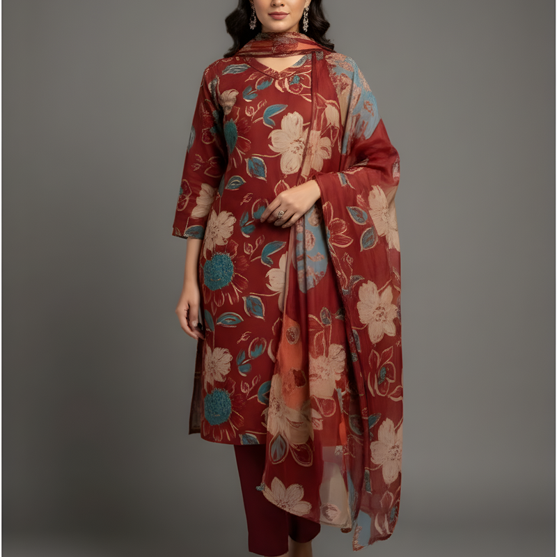 Mayawye Women's Cotton Blend Printed Kurti With Pant Dupatta Set (Rust)