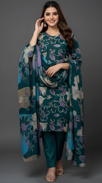 Mayawye Women's Cotton Blend Printed Kurti With Pant Dupatta Set (Rama)
