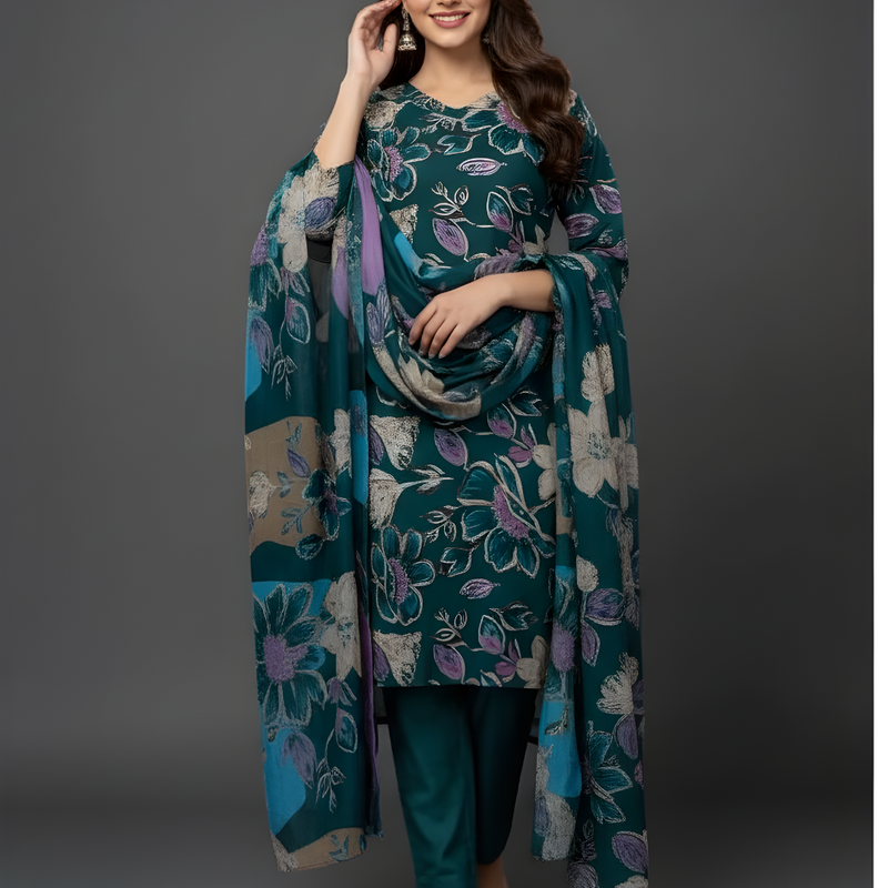 Mayawye Women's Cotton Blend Printed Kurti With Pant Dupatta Set (Rama)