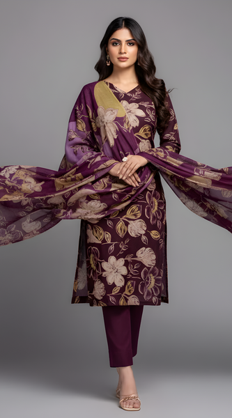 Mayawye Women's Cotton Blend Printed Kurti With Pant Dupatta Set (Purple)