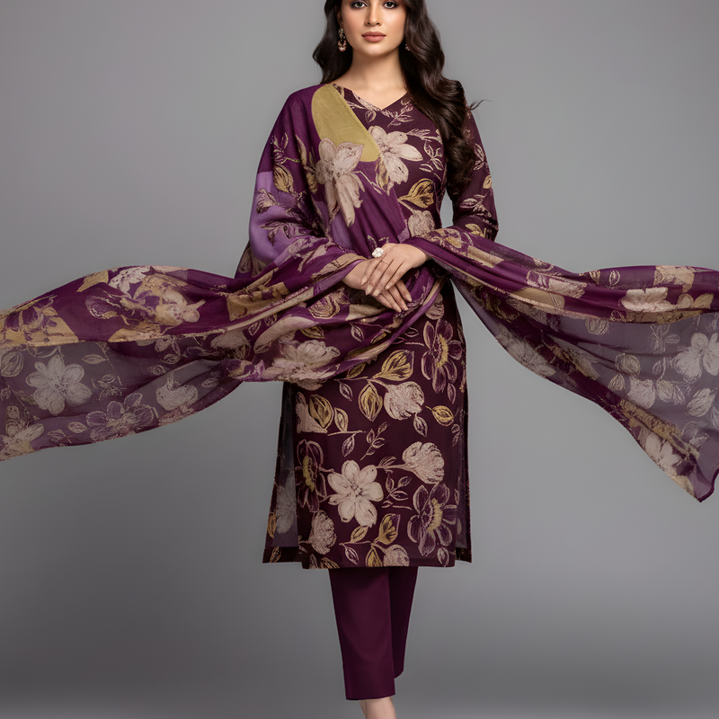 Mayawye Women's Cotton Blend Printed Kurti With Pant Dupatta Set (Purple)