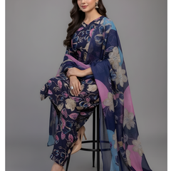 Mayawye Women's Cotton Blend Printed Kurti With Pant Dupatta Set (NavyBlue)