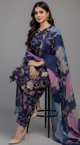 Mayawye Women's Cotton Blend Printed Kurti With Pant Dupatta Set (NavyBlue)
