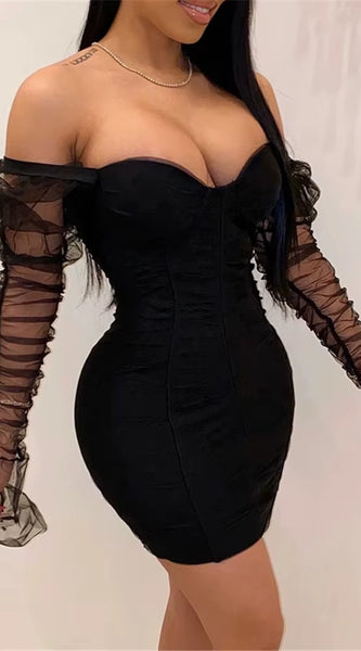 Sexy Mesh Puff Sleeve Party Dress Women Low Collar Backless Patchwork Red Mini Dress Nightclub 2020 Spring Vestidos