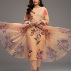 Mayawye Women's Cotton Blend Printed Kurti With Pant Dupatta Set (Orange)