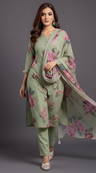 Mayawye Women's Cotton Blend Printed Kurti With Pant Dupatta Set (Mehendi)