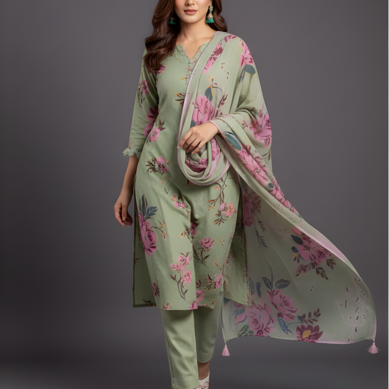 Mayawye Women's Cotton Blend Printed Kurti With Pant Dupatta Set (Mehendi)