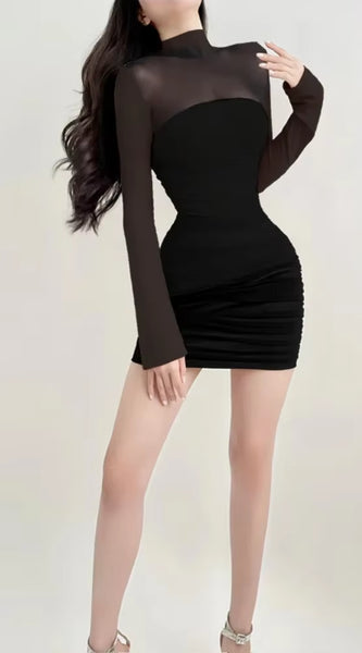 See through Black Bodycon Dress for Women Clothing Slim Sexy Streetwear Long Sleeve Vestidos De Mujer Patchwork Fashion Outfits