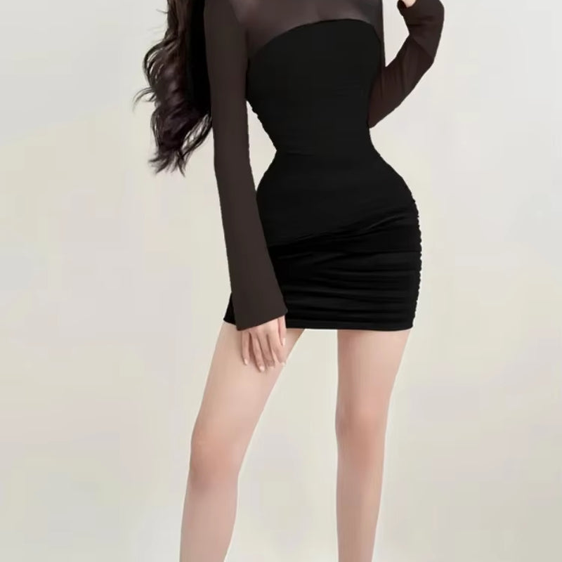 See through Black Bodycon Dress for Women Clothing Slim Sexy Streetwear Long Sleeve Vestidos De Mujer Patchwork Fashion Outfits