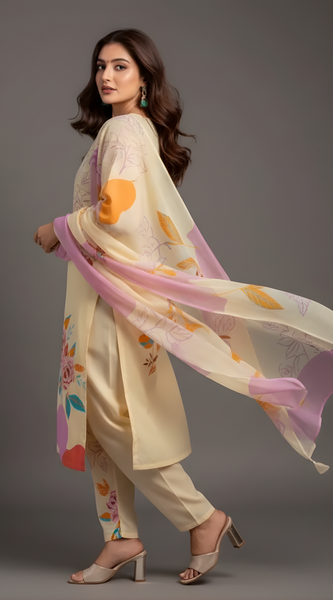 Mayawye Women's Cotton Blend Printed Kurti With Pant Dupatta Set (Cream)