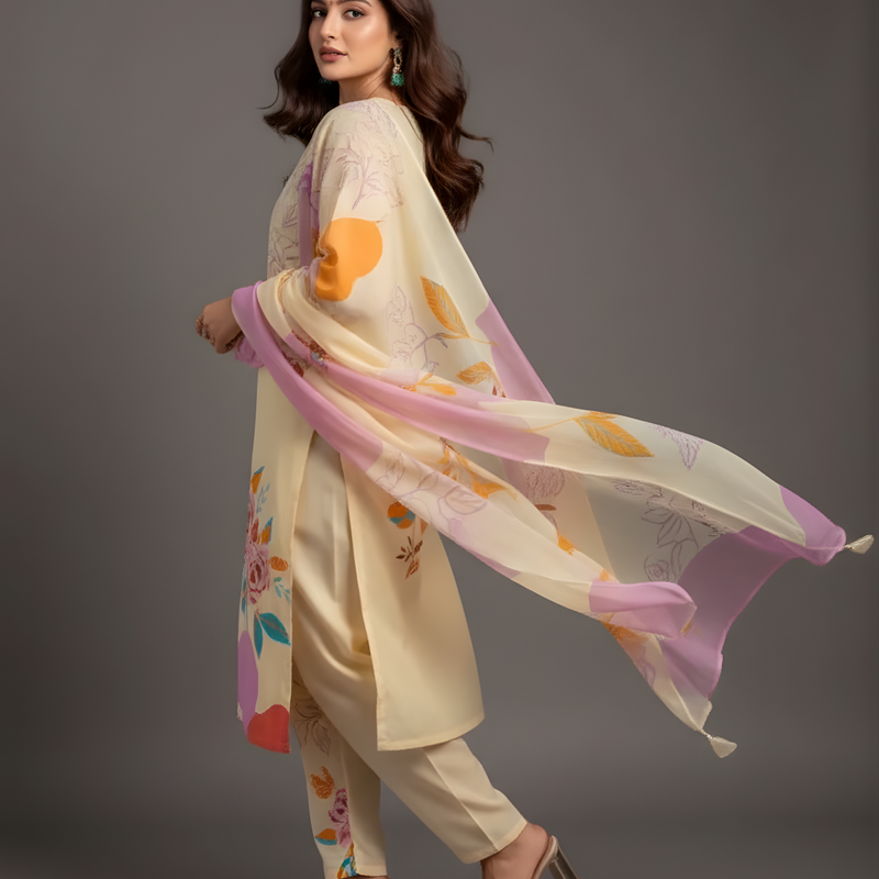 Mayawye Women's Cotton Blend Printed Kurti With Pant Dupatta Set (Cream)