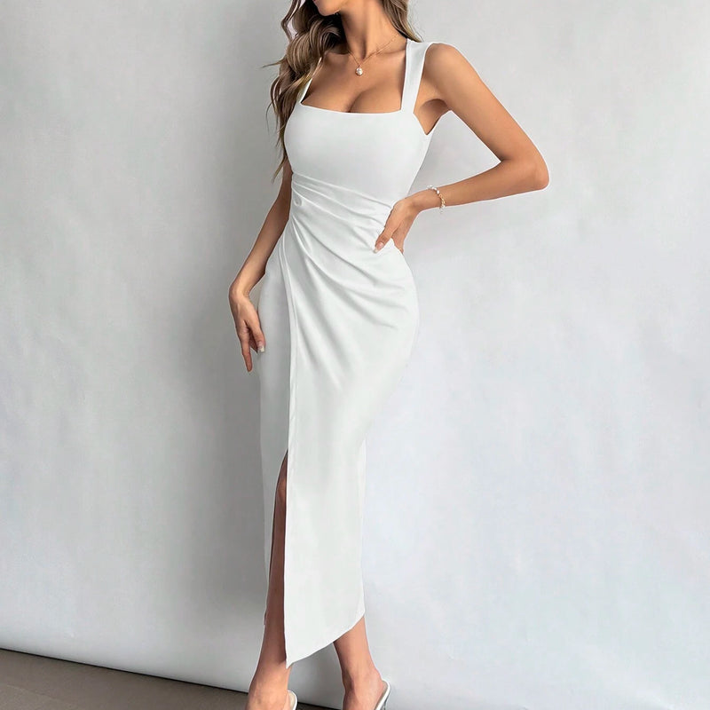 Firerie Women Square Neckline Ruched Waist Slit Dress, Elegant & Suitable for Vacation, Daily Wear or Wedding Season,Summer Dresses for Women,Tea Party Dress,White Graduation Dress