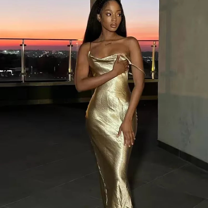 Elegant Satin Backless Maxi Dress for Women Gown Summer Spaghetti Strap Sleeveless Party Long Dress Vestido Robe Femmes