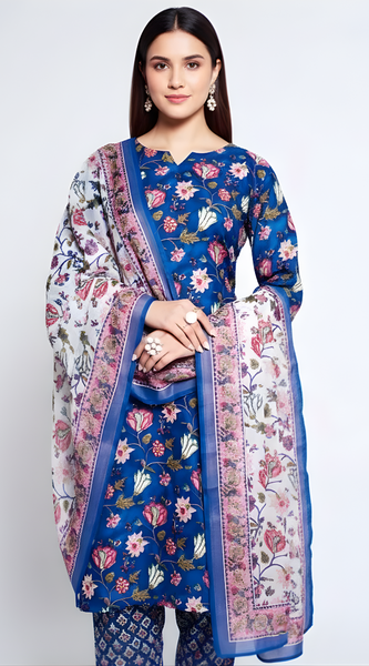 Mayawye Women's Cotton Blend Printed Kurti With Pant Dupatta Set (Blue)