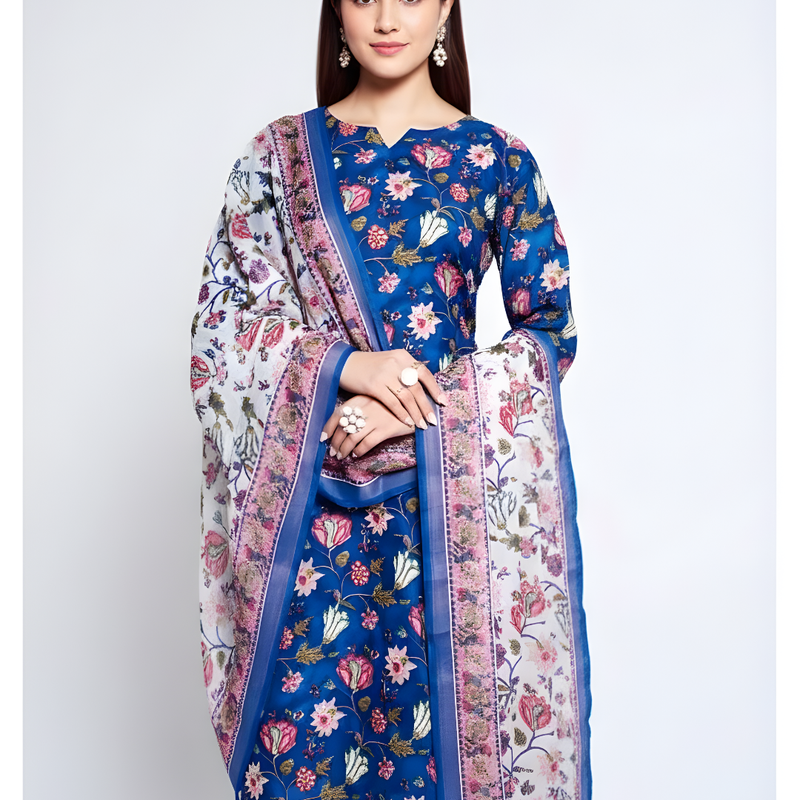 Mayawye Women's Cotton Blend Printed Kurti With Pant Dupatta Set (Blue)