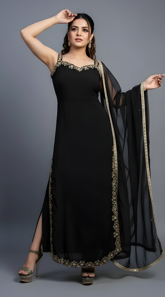 Mayawye Women's Georgette Embroidery Sleeveless Round Neck Kurti, Palazzo And Dupatta Set (Black)