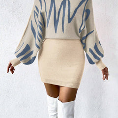 Chiquease Graphic Pattern Batwing Sleeve Sweater Dress Fall Winter Cloth for Women