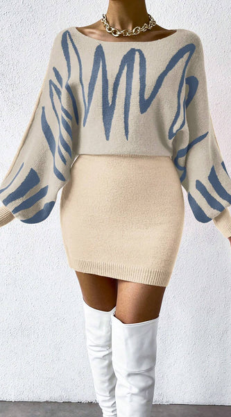 Chiquease Graphic Pattern Batwing Sleeve Sweater Dress Fall Winter Cloth for Women