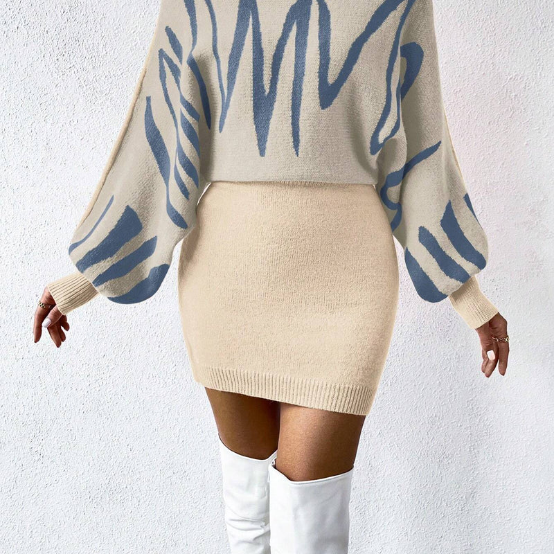 Chiquease Graphic Pattern Batwing Sleeve Sweater Dress Fall Winter Cloth for Women