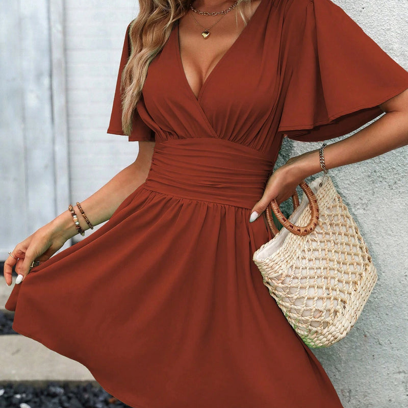 LUNE Plunging Neck Butterfly Sleeve Ruched Waist Dress