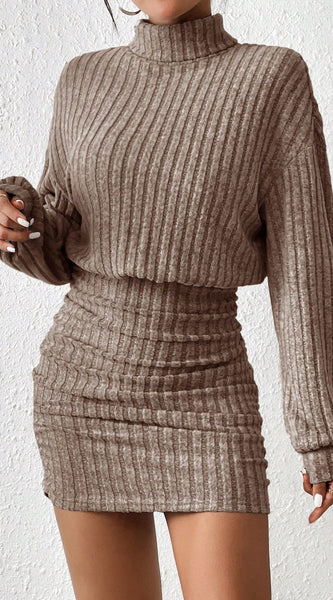 Frenchy Women'S High Neck Ribbed Drop Shoulder Long Sleeve Sweater Textured Fabric Dress